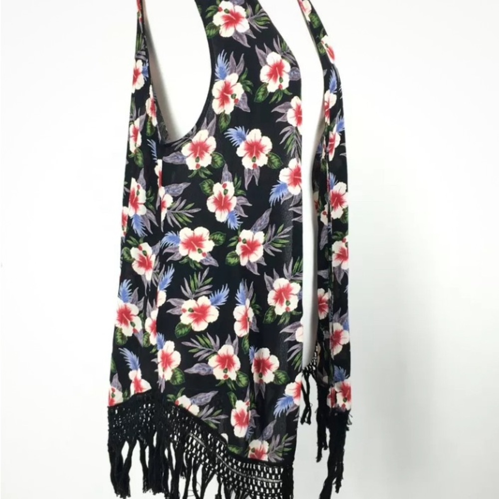 Boho, Zara Vest Waistcoat Kimono Dark Floral Fringed Tassels Black, Medium (1F…